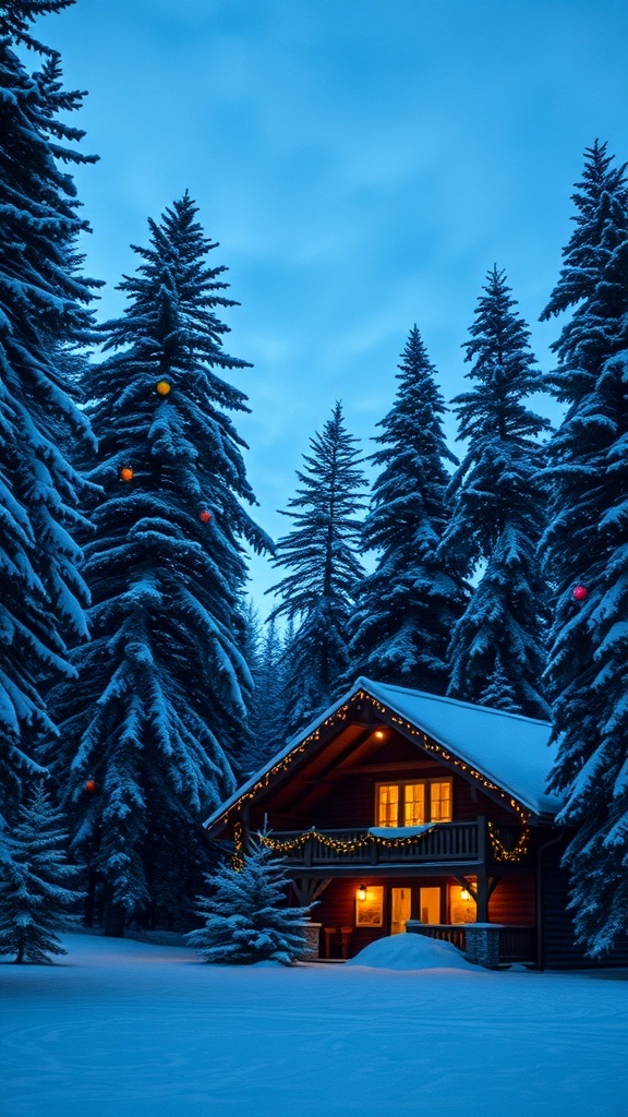 A beautiful 8K Christmas background with snow-covered trees, a cozy cabin, and twinkling lights.